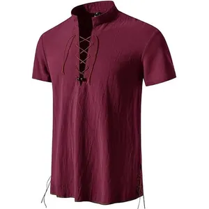 Camicia Henley bordeaux a maniche corte da uomo con colletto alla coreana e lacci casual