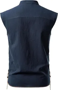 Back view of a men's navy blue sleeveless Henley shirt with side lace-up detailing