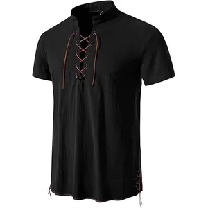 Camicia Henley casual nera a maniche corte da uomo con lacci e colletto alla coreana