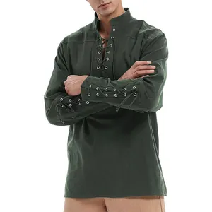 Vintage men's gothic steampunk shirt featuring lace-up chest and unique sleeve details.
