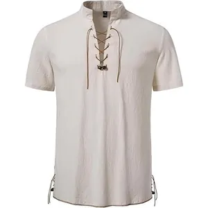 Camicia Henley casual da uomo a maniche corte con lacci e colletto alla coreana beige