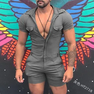 Herren Sommer Slim Fit Kurzarm-Jumpsuit mit Reißverschluss vorne in grauer Farbe