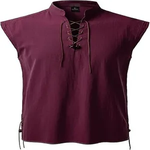 Front detailed view of maroon sleeveless hippie Henley shirt with lace-up collar design