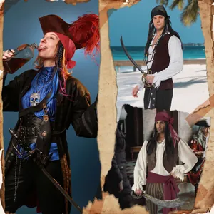 Gedetailleerde collage van klassieke piratenkostuums en kapiteinshoeden voor Halloween