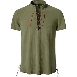 Camicia da uomo a maniche corte verde oliva con lacci in stile hippie vintage
