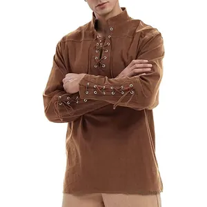 Detail of brown renaissance pirate shirt with lace-up chest and sleeves