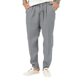 Stijlvolle heren zomer casual grijze katoenen linnen broek met comfortabele trekkoord taille
