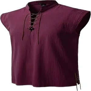 Close-up of men's sleeveless burgundy Henley shirt with lace-up collar detail