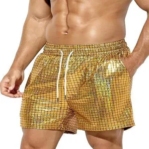 Metallic shiny golden grid patterned men's casual beach shorts with white drawstring
