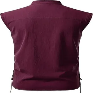 Back view of a men's burgundy sleeveless hippie beach shirt with stand collar details