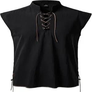 Detail of black sleeveless Henry shirt with lace-up collar and cotton texture.