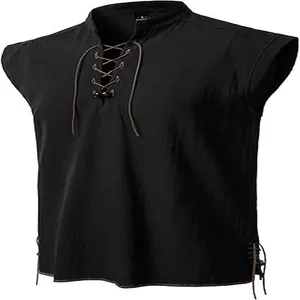 Detail view of the lace-up V-neckline on a black sleeveless hippie style linen beach shirt