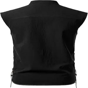 Detailed back view of a black sleeveless Henley shirt featuring side lace-up accents.