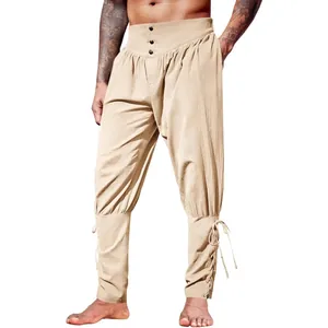 Pantaloni da Pirata Medievale da Uomo Rinascimentale Vichingo con Lacci alla Caviglia in Misto Lino per Cosplay di Halloween