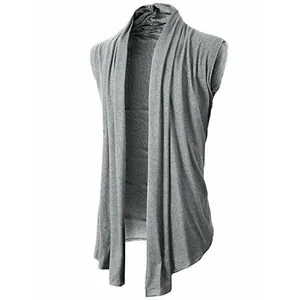 Cardigan da uomo senza maniche con cappuccio in maglia grigia con design aperto drappeggiato
