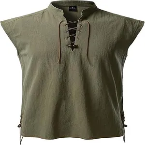 Men's sleeveless lace-up Henry shirt in olive green with medieval hippie style