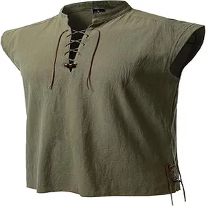 Close-up of olive green sleeveless Henley shirt with lace-up collar and side details.