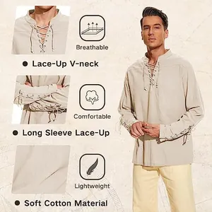 Vue détaillée de la chemise respirante pour homme en coton et lin avec col en V à lacets
