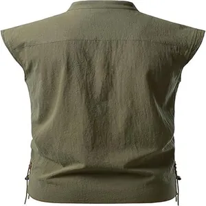 Detailed back view of men's olive green sleeveless Henley shirt featuring linen texture