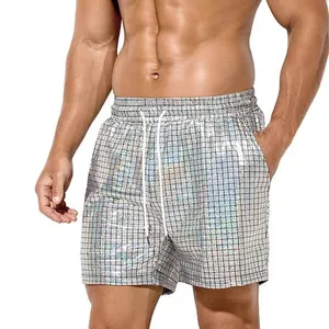 Men's holographic silver grid pattern beach shorts featuring elastic drawstring waist