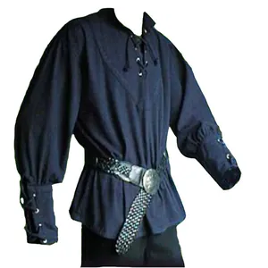 Medieval men's vintage lace-up tunic with woven belt and stand collar details
