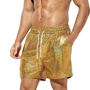 Mens shiny gold metallic grid shorts with white drawstring for beach and pool parties