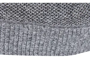 Detailed close-up showing the grey knitted fabric texture and rib knit pattern of the sweater.