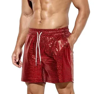 Men's stylish shiny red grid-patterned leisure shorts with adjustable drawstring