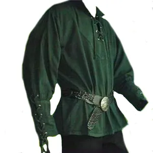 Detailed macro view of men's dark green medieval lace-up tunic shirt with puffy sleeves
