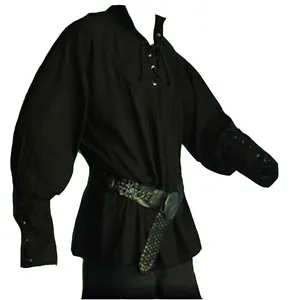 Men's vintage black medieval tunic shirt featuring stand collar and lace-up front detail