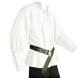 Detailed view of white men's medieval vintage stand collar lace-up loose shirt for men