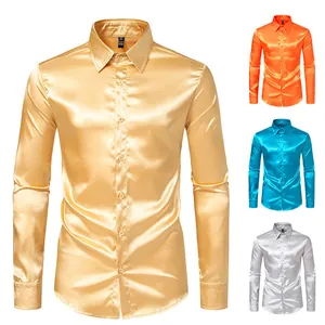 Camisa de Manga Larga de Satén Brillante para Hombre Color Sólido Estilo de Discoteca Moda Urbana Top de Solapa Casual