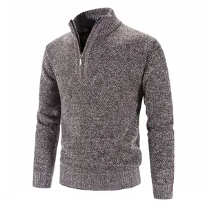 Men's winter quarter-zip knit sweater with stand collar in textured brown melange