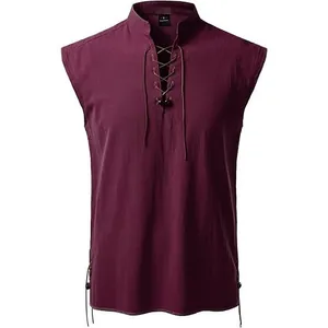 Men's sleeveless hippie Henley shirt with stand collar and lace-up front for beach casual