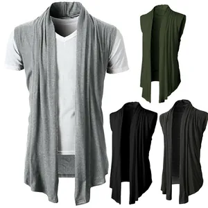 Cardigan da Uomo Casual in Misto Cotone Senza Maniche in Maglia con Drappeggio Aperto Davanti Gilet Tinta Unita