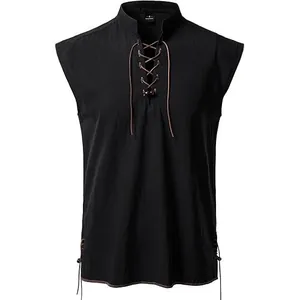Men's casual sleeveless black Henley shirt featuring a lace-up stand collar and side ties