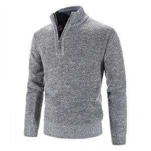 Premium men's gray textured half-zip knitted sweater with stand collar for winter season warmth