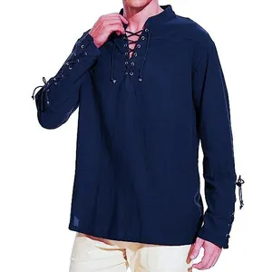 Chemise homme bleu marine avec laçage au col et aux manches en coton et lin