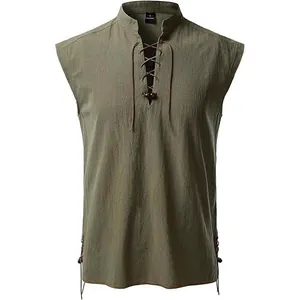 Vintage men's sleeveless hippie casual shirt with lace-up stand collar in olive green