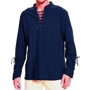 Chemise homme en coton et lin bleu marine avec col en V et lacets décoratifs