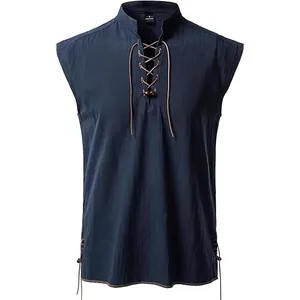 Men's sleeveless hippie beach Henley shirt with lace-up V-neck and stand collar