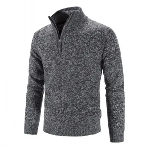 Men's half-zip heather knit sweater with stand collar and thick warm lining