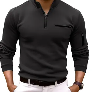 Men's premium dark grey long-sleeve quarter-zip sports polo shirt with arm zipper