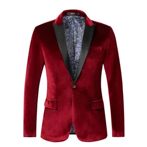 Detail view of a men's red velvet slim-fit blazer with black lapels for weddings.