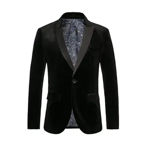 Elegant black velvet men's blazer featuring blue paisley lining and a slim fit design