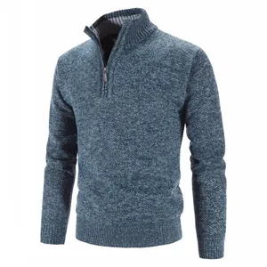 Men's heather blue quarter-zip fleece-lined knit sweater with a warm stand collar