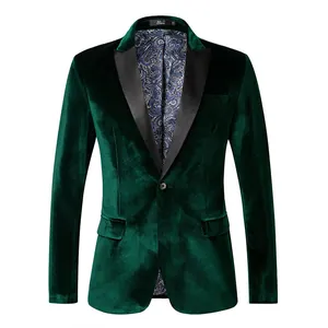 Detailed view of dark green velvet slim-fit blazer with satin peak lapel.