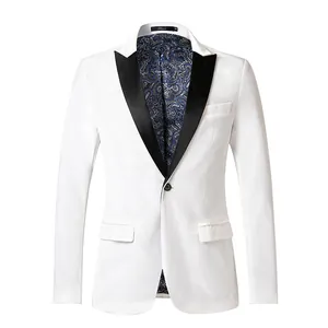 Front view of white men's suede tuxedo jacket with black lapels and paisley lining