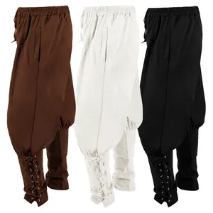 Detail view of Medieval men's retro lace-up pirate pants in brown, white and black