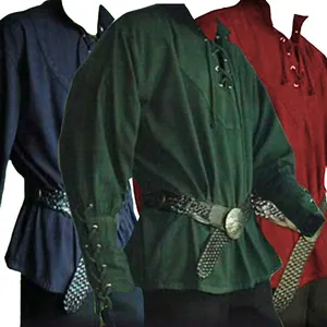 Men Medieval Renaissance Tunic Retro Lace-up Stand Collar Loose Shirt Top Performance Costume With Braided Belt Polyester